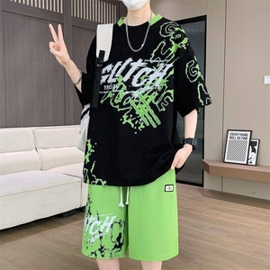 TZ25338-P55夏季休闲T恤短裤男两件套青少年学生运动短袖套装图片