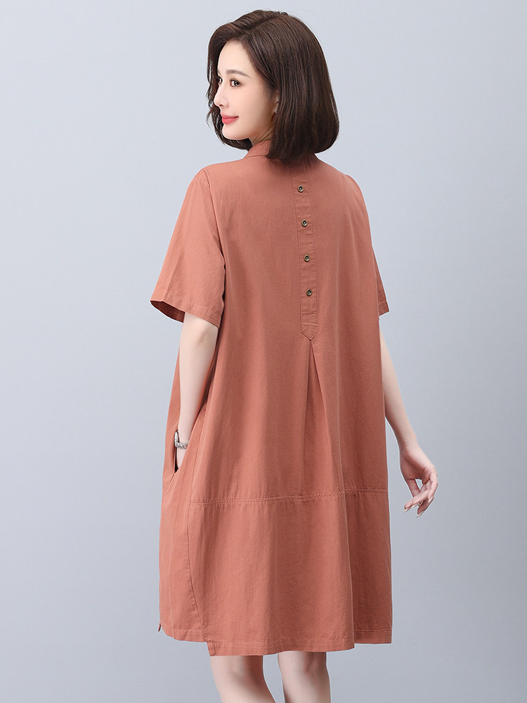 亚麻连衣裙女短袖2025夏季新款宽松休闲妈妈显瘦遮肉中长棉麻裙子图片