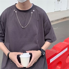 港风宽松破洞t恤男夏季纯色百搭短袖上衣潮牌项链内搭半袖打底衫，男装T恤，星座410-7