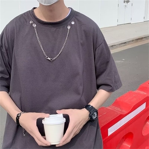 港风宽松破洞t恤男夏季纯色百搭短袖上衣潮牌项链内搭半袖打底衫图片