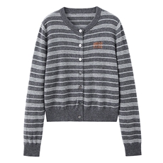 2025新款时尚圆领撞色条纹单排扣山羊绒针织开衫女，女装羊绒衫，阿舍尔精品