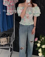 牛津荷叶边上衣一字肩，其它，新袖