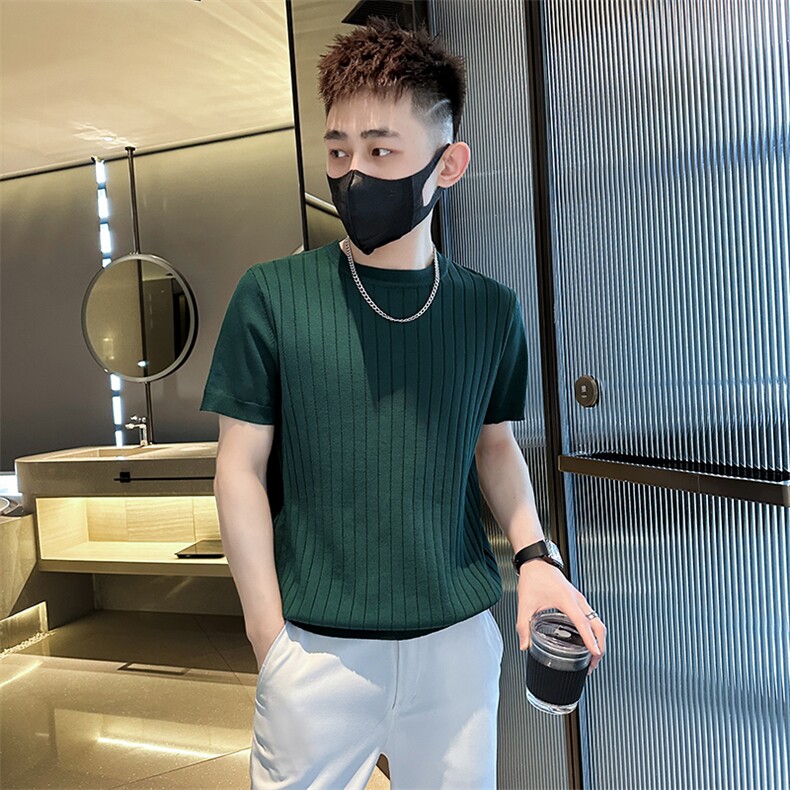 2026夏季短袖T恤圆领针织坑条上衣纯色冰丝休闲上衣T0268-P50,男装T恤,电商D342