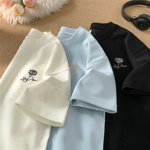 250克重磅开口笑破洞花卉刺绣冰丝短袖美式高街T恤JF254特P42控68图片