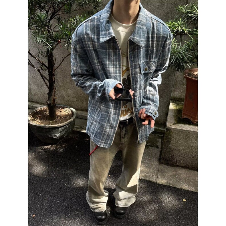 DK362-P55美式拉链格子长袖衬衫男女宽松百搭情侣衬衣-网图现货图片