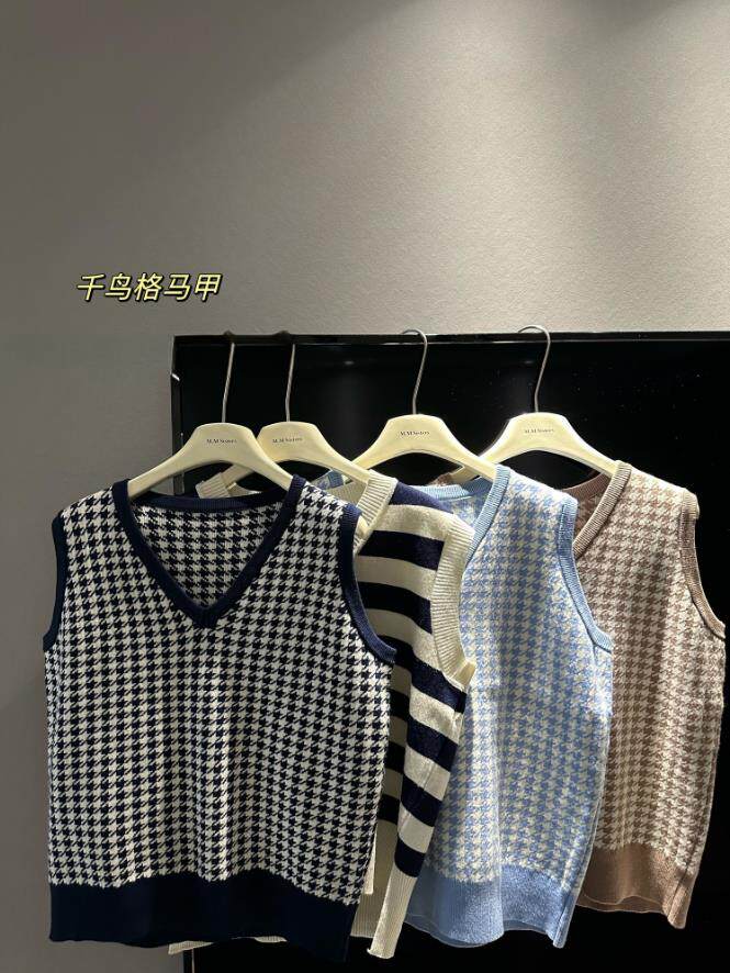 2025年秋季适中无扣通勤常规V领千鸟格马甲，女装马甲，沐策羊绒