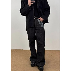 蛇迹原色牛仔裤男女款美式复古提花拼接直筒微喇长裤N7730，男装牛仔裤，星座1116A（原606A-3）