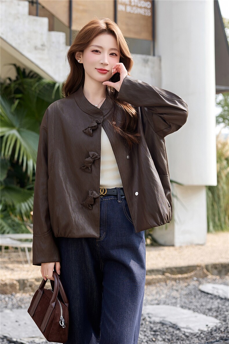 韩风糖果按扣皮衣外套女2026新款春气质小立领PU夹克上衣女外套,女装皮衣,冬木谷雨