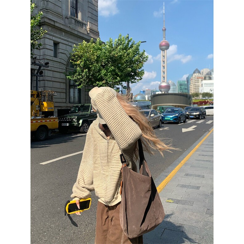 1506/QF400/P77美式复古条纹拉链开衫连帽卫衣男女情侣重磅外套,女装短外套,星座1506