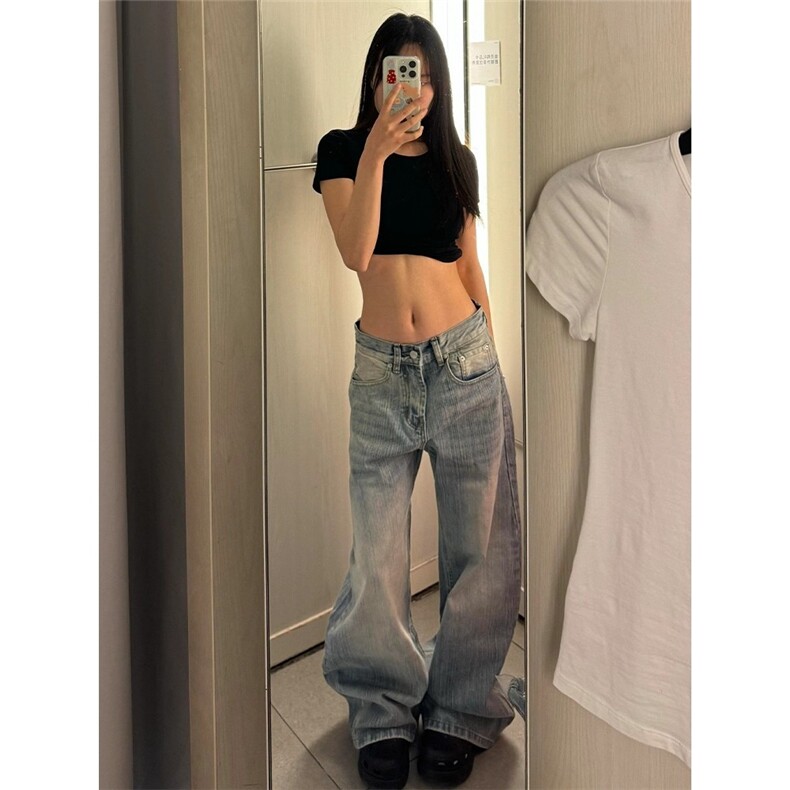 高级感cleanfit竹节纹水洗弯刀牛仔裤女美式复古百搭长裤,男装牛仔裤,星座506A