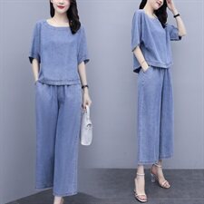 时尚牛仔套装女夏2025年夏季新款女装气质夏天坠感阔腿裤两件套裤，商品下架区，芷墨服饰