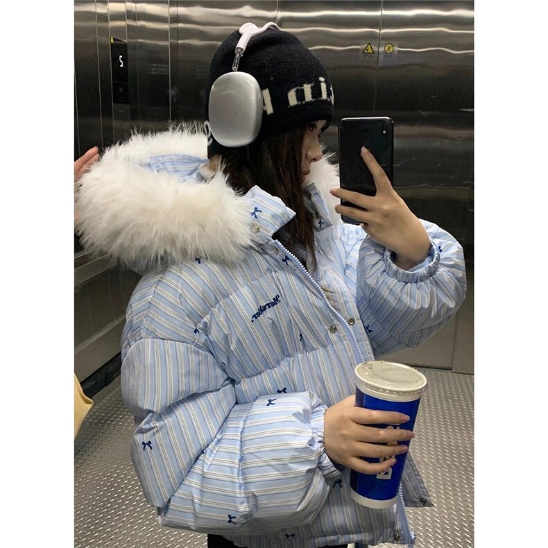 KK105-P98毛领连帽羽绒棉服女冬季新款保暖条纹短款棉衣棉袄,男装棉衣,电商B323A