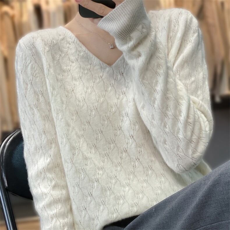 时尚洋气勾花镂空V领打底衫女秋冬季宽松套头羊毛针织衫,女装羊毛衫,奢优羊绒