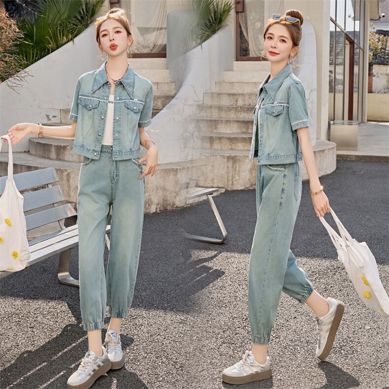 夏季时尚牛仔套装女2025年新款休闲穿搭欧货时髦洋气九分裤两件套图片