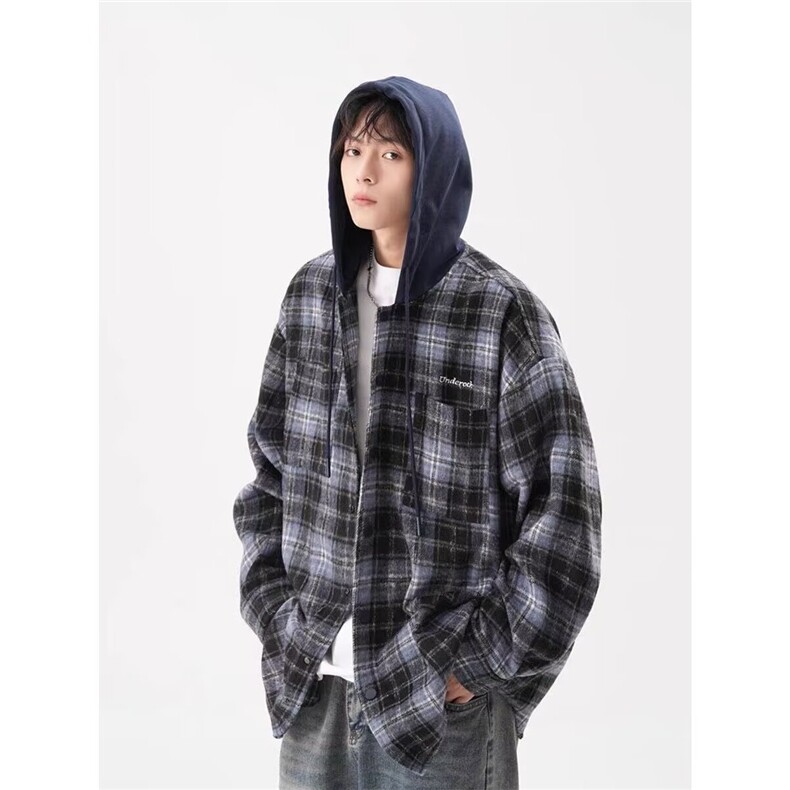 LC29-P55美式假两件格子连帽衬衫男秋冬季宽松休闲衬衣外套，男装衬衫，电商B323A