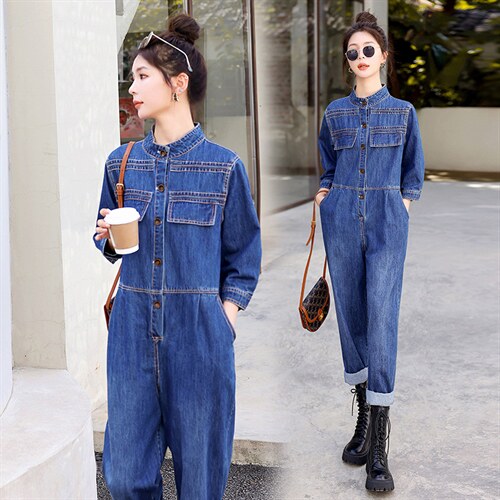 时尚显瘦牛仔连体裤女宽松高腰长袖休闲工装裤百搭气质外套春装新款,女装连体裤,秋水欣儿