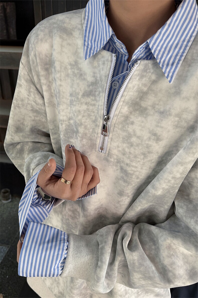 新款假两件条纹拉链衬衫领休闲春款卫衣高街休闲学院卫衣特P50,男装卫衣,电商B319