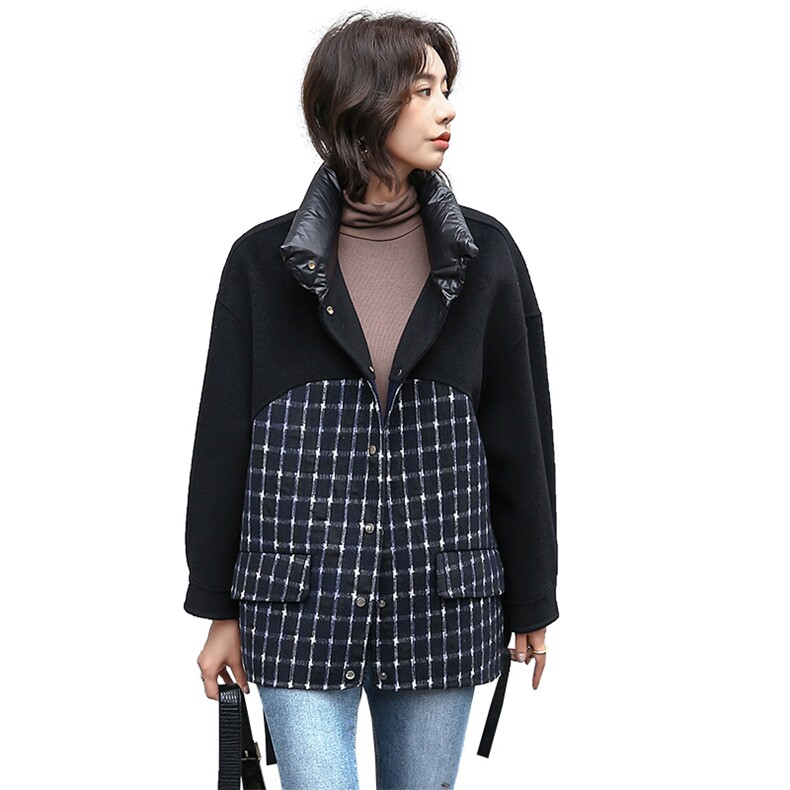 冬季新款格纹拼接时尚双面呢羊绒外套立领潮流女,女装毛呢外套,美吧服饰