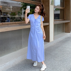 蓝色法式V领系带短袖连衣裙女2025夏季新款小个子收腰显瘦A字裙子，女装连衣裙，2C105