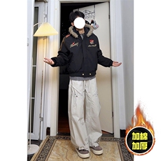 现货高品质美式高街重磅刺绣座山雕大毛毛领棉衣男女加厚棉服外套，男装棉衣，电商A486