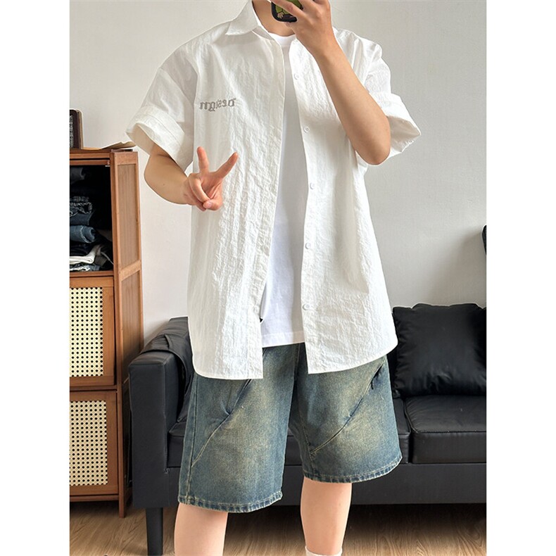 夏季新款速干短袖刺绣衬衫潮流港风宽松百搭男半袖CS285-P35,男装T恤,星座301C-5