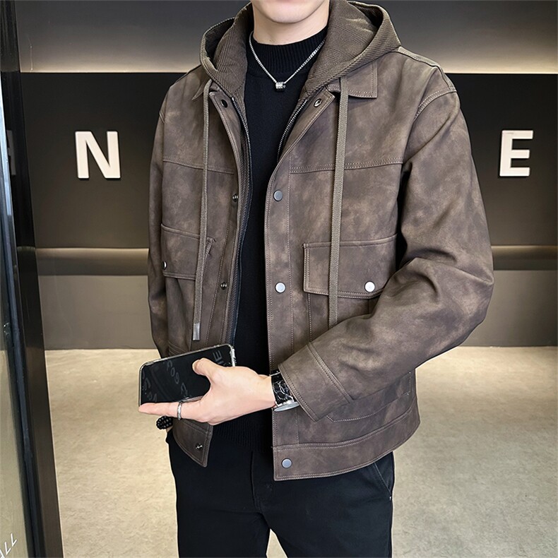 店主风2025秋新款假两件连帽可拆卸皮衣男夹克外套B338-5035-P165,男装皮衣,电商B338