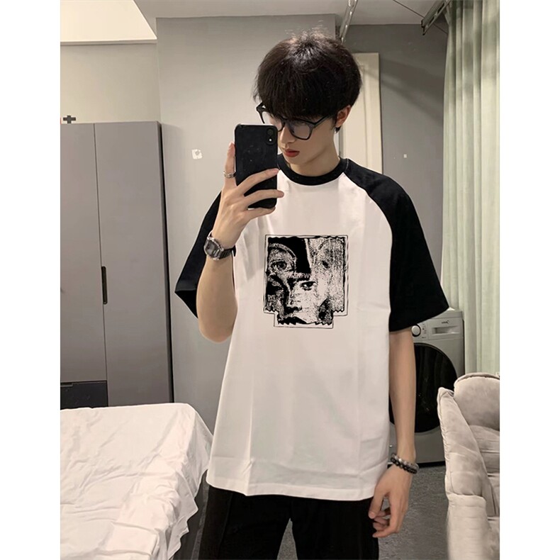 抖音得物高品质二开240克宽松纯棉美式潮牌插肩袖拼接短袖T恤图片