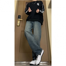 K16008-p38网络图）现货牛仔裤拼接无弹阔腿直筒裤老爹裤长裤，男装牛仔裤，星座103A-1