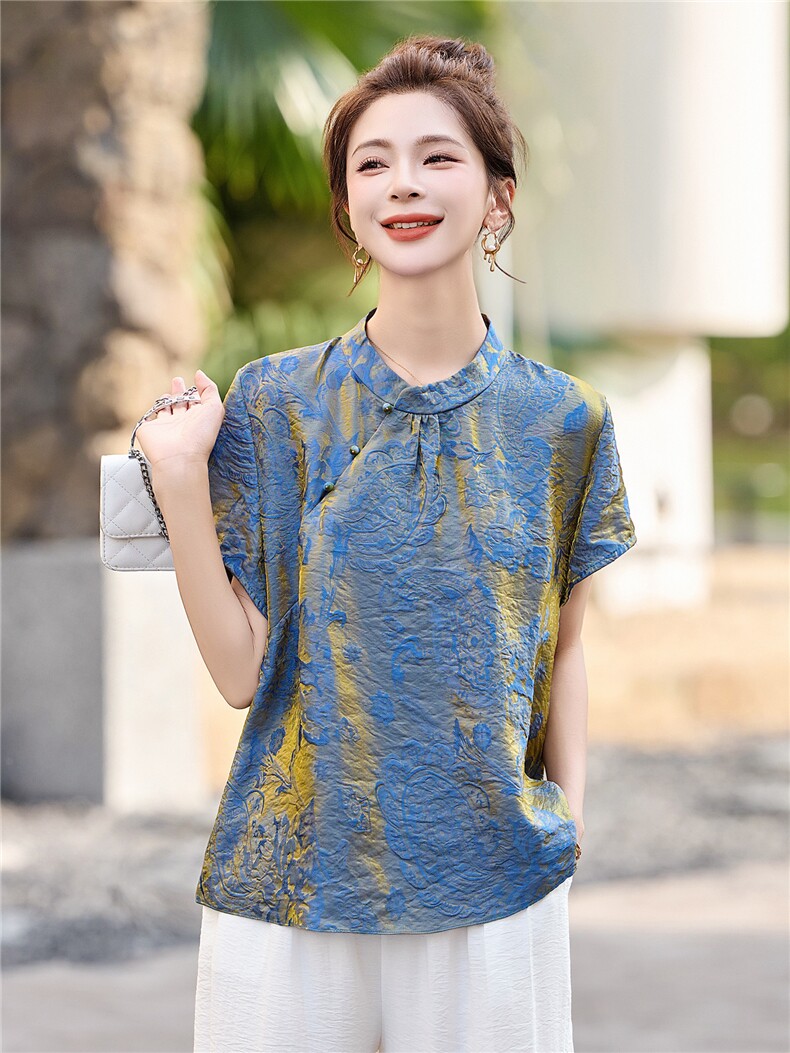 现货中式人丝香云纱织锦双色泛光短袖中古风巨好看两件夏季女套装,女装套装/套裙,木橙西子