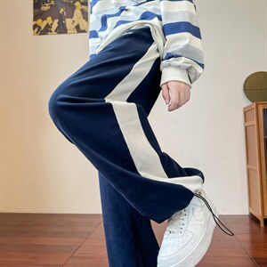 高街拼接裤子男阔腿直筒运动裤设计感小众潮牌休闲长裤子KM27-p38图片