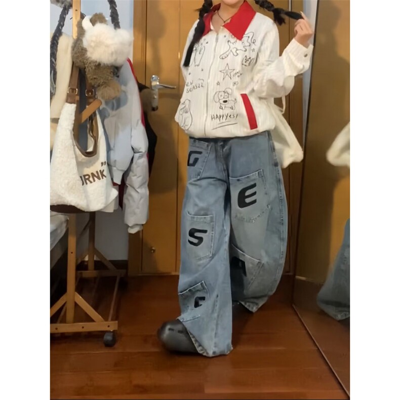 小众美式覆古字母刺绣多口袋工装牛仔裤男女宽松阔腿弯刀裤,男装牛仔裤,四季星座505