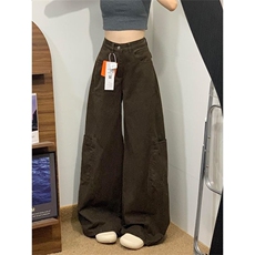 小个子复古美拉德咖色阔腿工装牛仔裤女新款辣妹高腰宽松直筒长裤，男装牛仔裤，星座506A