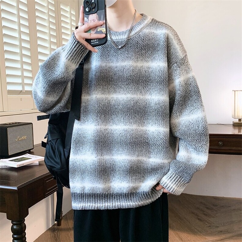 84673-P62渐变色彩色条纹圆领毛衣男秋冬季宽松慵懒风针织衫外套,男装针织衫/毛衣,电商D310B