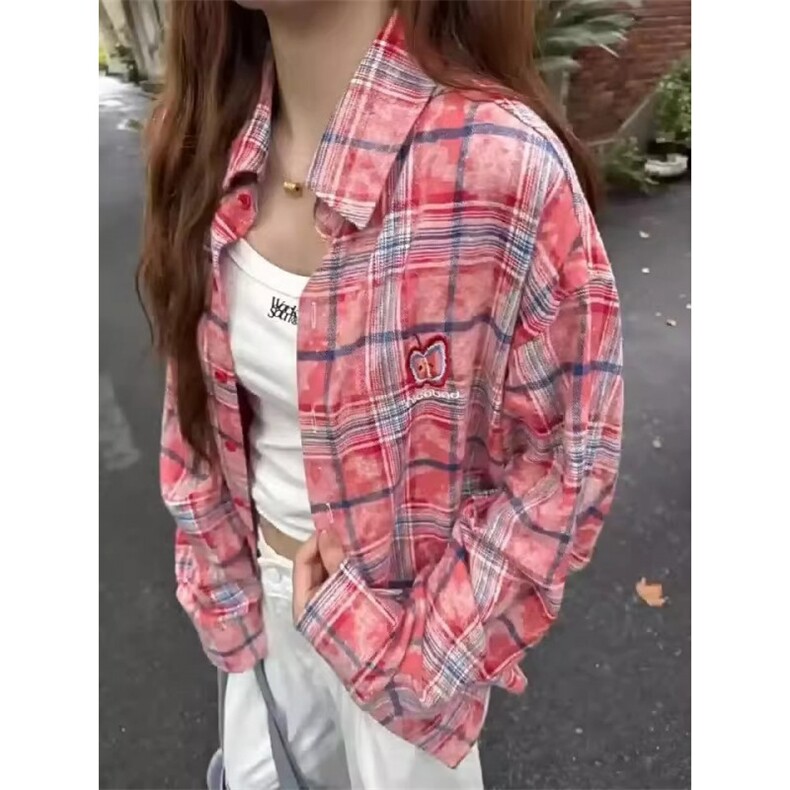 刺绣苹果格子长袖衬衫女2025秋装美式潮牌学院风宽松情侣开衫外套图片