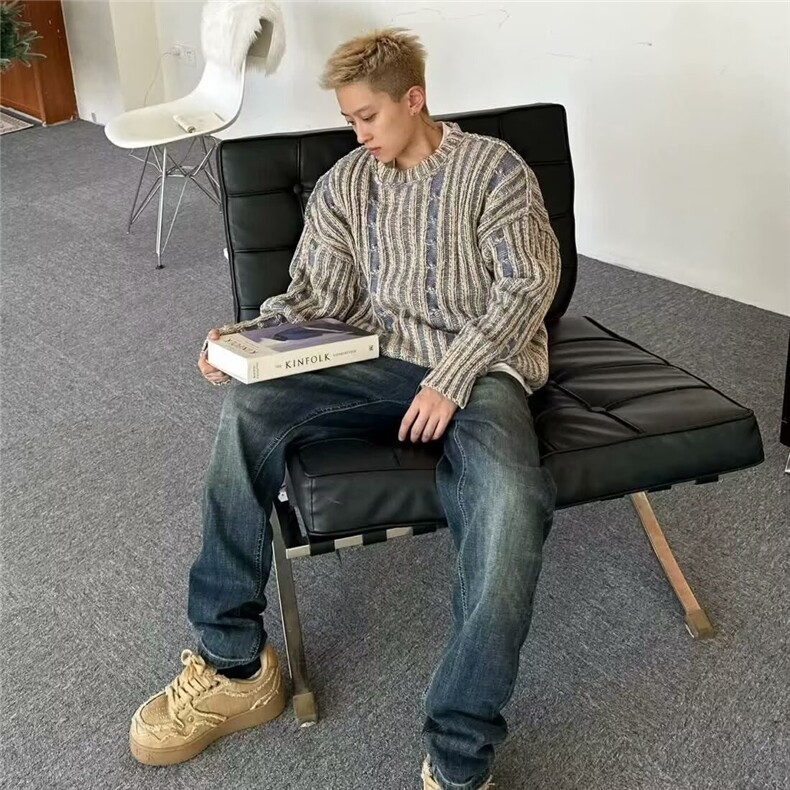 复古条纹撞色毛衣男秋冬韩系风格穿搭圆领休闲情侣针织衫,男装针织衫/毛衣,星座410-7