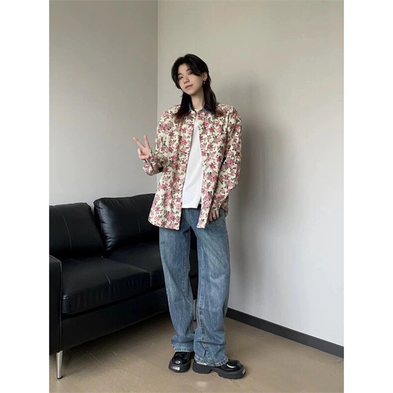 港风新中式复古春秋碎花衬衫长袖男秋季粉色衣服休闲外套,男装衬衫,星座1007（原301D）