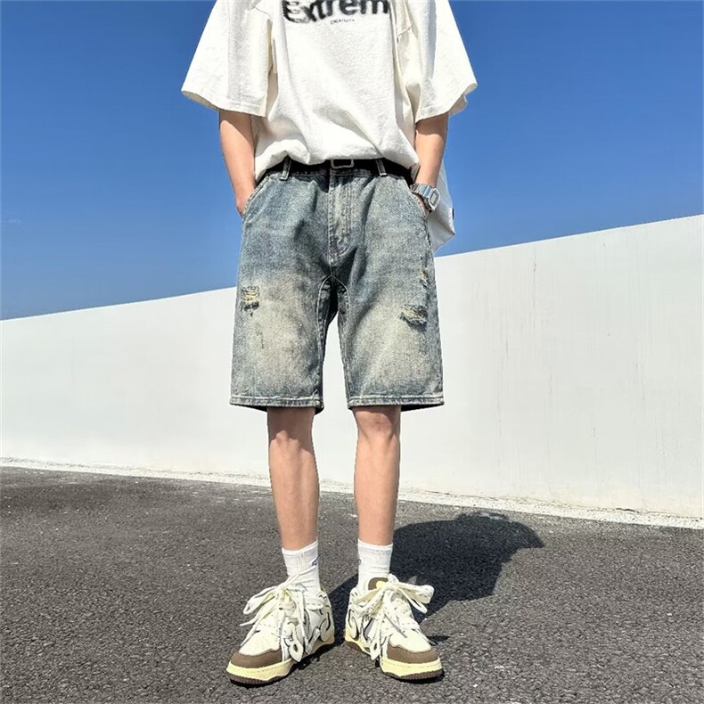 夏季牛仔短裤男五分裤男破洞宽松情侣直筒潮牌马裤中裤DK911-P35,男装牛仔裤,星座1008-1
