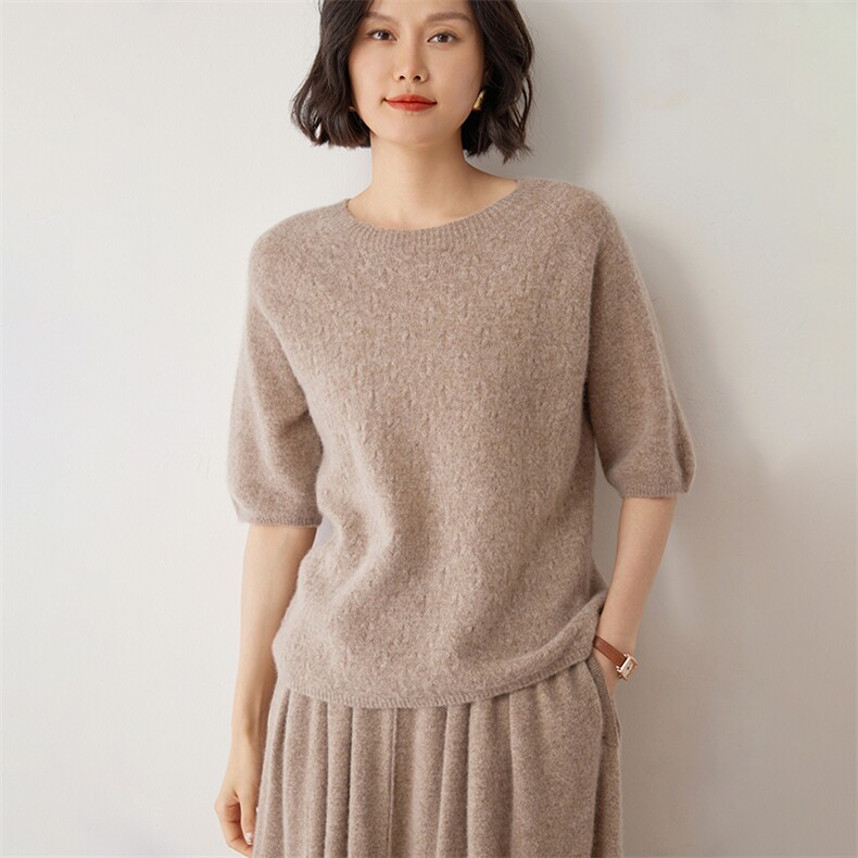 软糯亲肤~山羊绒短袖女圆领羊绒针织t恤纯色中半袖毛衣羊毛打底衫,女装羊绒衫,雪山红莲