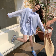 紫蓝色长袖防晒衬衫套装女2025夏季新款运动风轻薄显瘦短裤两件套，女装套装/套裙，2C120