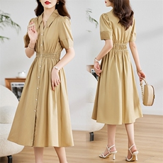 高级感气质衬衫连衣裙女夏季2024新款小众设计感收腰显瘦纯棉裙子，女装连衣裙，姿衣坊