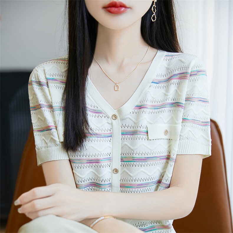 今年新款2025夏显瘦减龄百镂空彩色条纹针织衫V领短袖上衣女上衣,针织衫/毛衣,皓宇羊绒