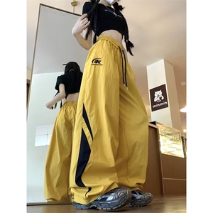 美式条纹休闲降落伞兵裤男女宽松阔腿跳舞运动速干刺绣薄款工装裤图片