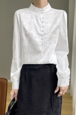 新中式国风马面裙上衣女长袖盘扣立领提花旗袍禅意真丝小衬衫通勤，女装衬衫，圣丽羊绒