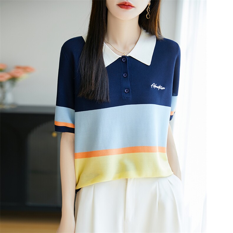 Polo领彩虹拼色时尚短袖女宽松莱赛尔新款t恤夏季减龄气质薄T背心图片