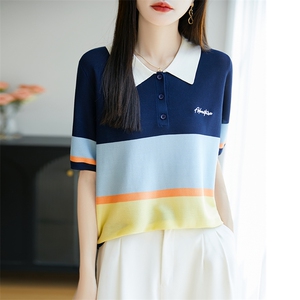 Polo领彩虹拼色时尚短袖女宽松莱赛尔新款t恤夏季减龄气质薄T背心图片