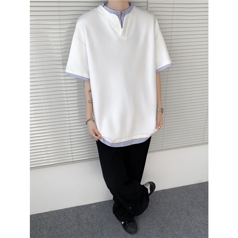 抖音品质夏季新款美式假两件立领宽松短袖B315-ST003-特p25控48,男装T恤,电商B315