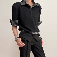 2026新款简约显瘦娃娃领格子拼接合体长袖T恤外穿上衣服，男装Polo衫，星座601-1