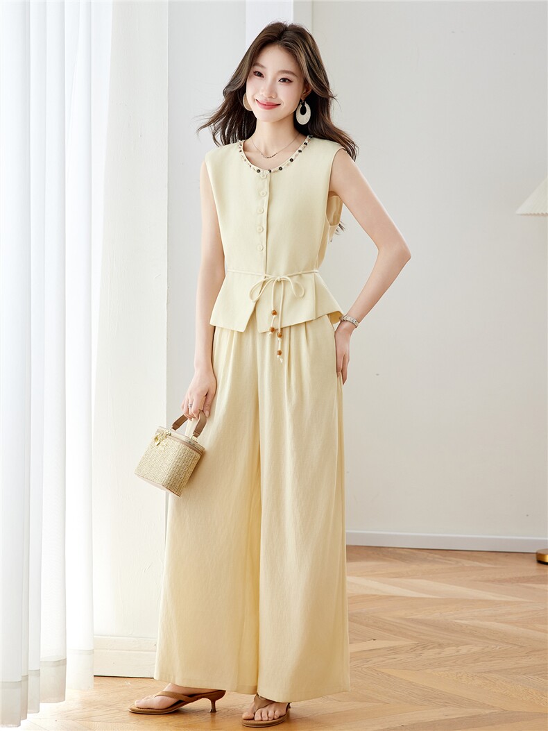 现货！老钱风时尚套装女夏季新款气质短袖收腰衬衫阔腿裤两件套,女装套装/套裙,沐七七