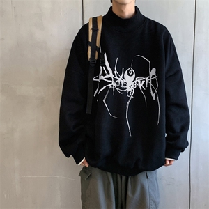 加绒加厚高领卫衣蜘蛛印花落肩袖情侣款打底衫男 XZ514-2-G86-P48图片