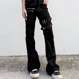黑色vibe绑带微喇工装牛仔裤男美式高街修身喇叭裤子L84344-P54图片
